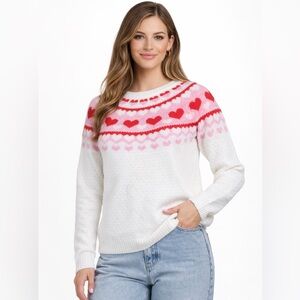Women's Heart Pattern Sweater - White and Pink